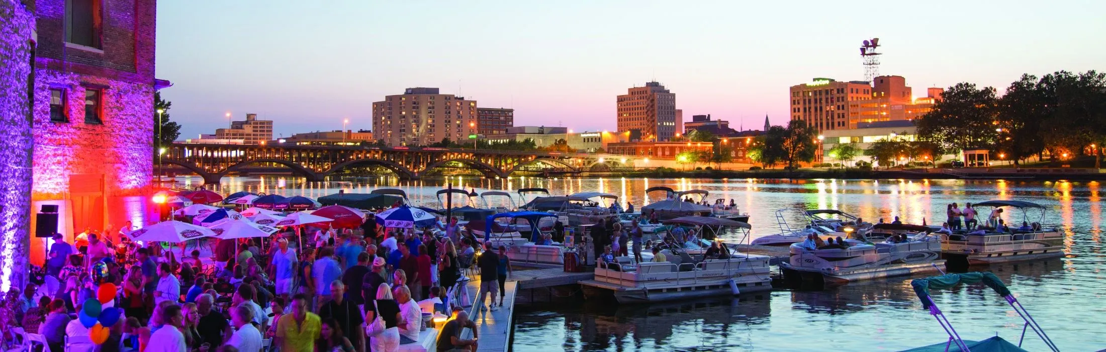 Rockford riverfront on the Rock River at dusk