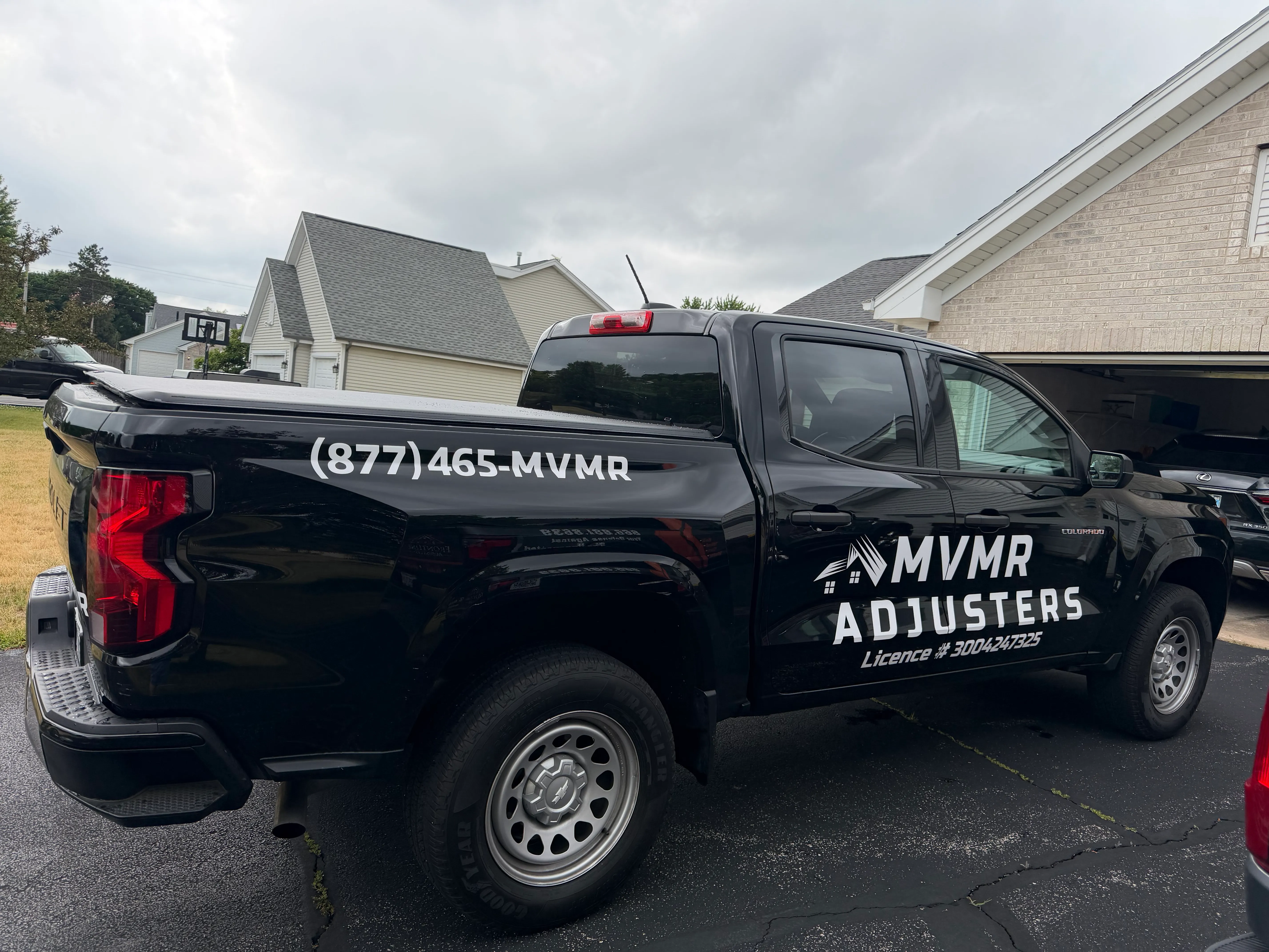 MVMR Adjusters branded pickup truck in Rockton, Illinois